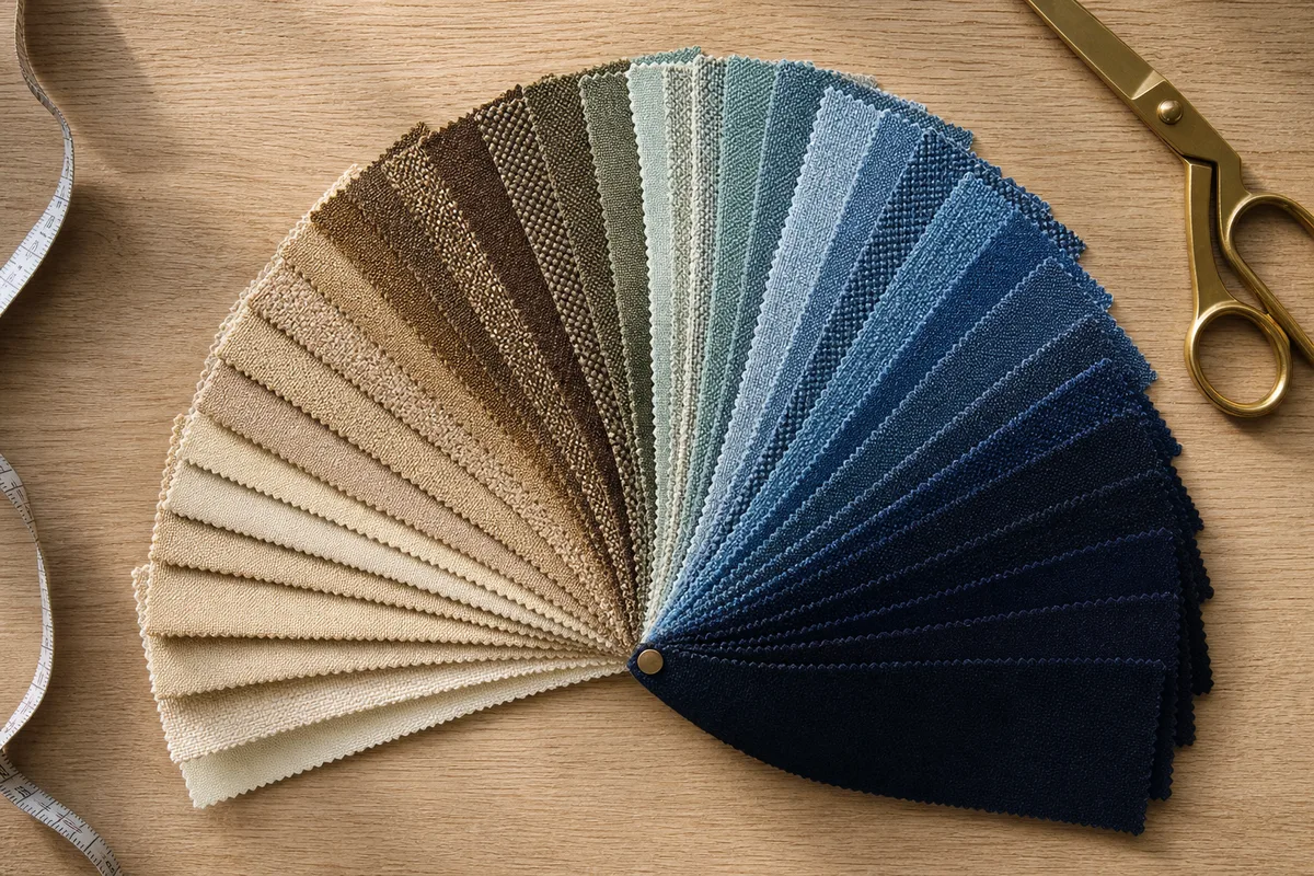 Nuancier de tissus colorés disposés en éventail sur une table en bois clair