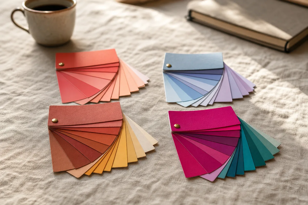 Portefeuille de nuanciers saisonniers étalés sur un lin beige, ambiance atelier de style