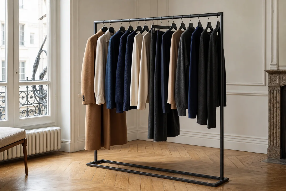 Portant de vêtements aux teintes coordonnées, camel, écru et bleu profond, dans une lumière douce