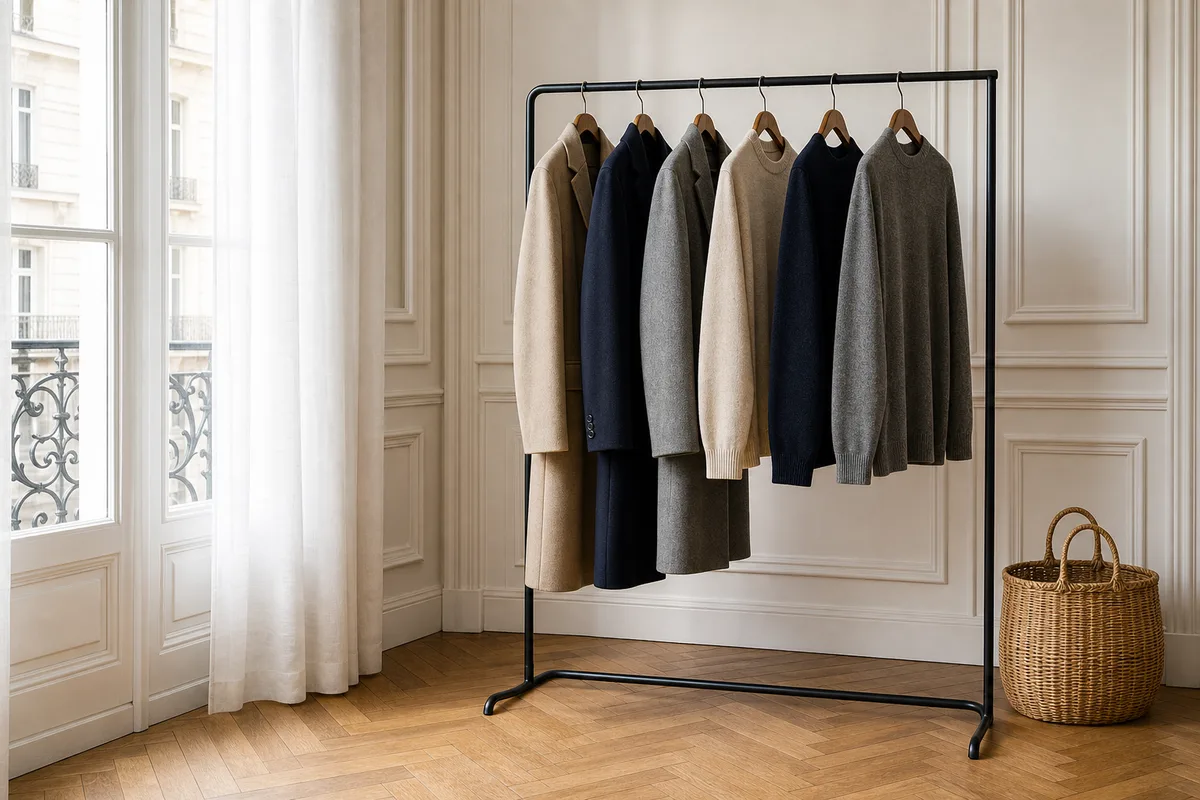 Portant de vêtements sobres dans un salon parisien, lumière naturelle du matin, sans étiquettes visibles
