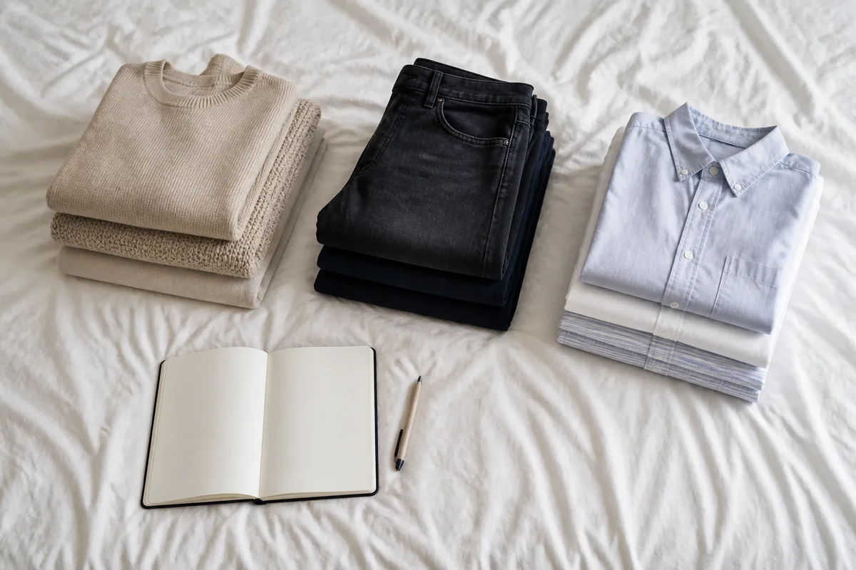Vêtements pliés triés en piles nettes sur un lit clair lors d’un inventaire de dressing