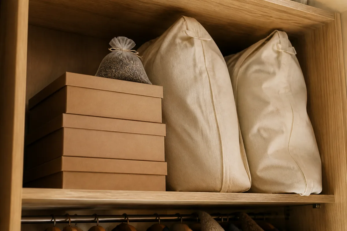 Manteaux et maille rangés dans des housses en coton sur une étagère de réserve