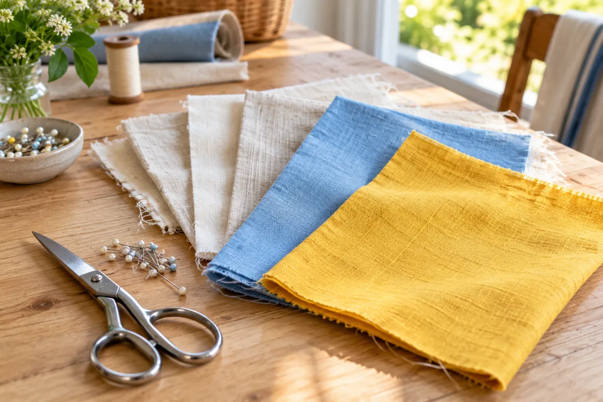 Échantillons de toile et de lin jaune soleil, bleu ciel et blanc cassé sur une table d&rsquo;atelier de couture