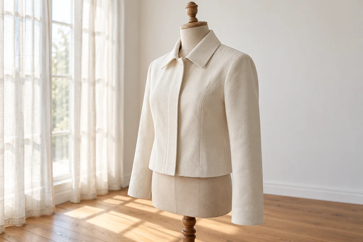 Veste courte blanc cassé aux épaules marquées sur un mannequin de couture dans un atelier clair