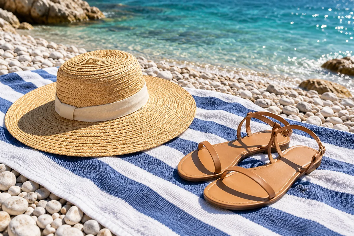 Sandales plates en cuir naturel et chapeau de paille sur une serviette rayée bleu et blanc, plage de galets au soleil