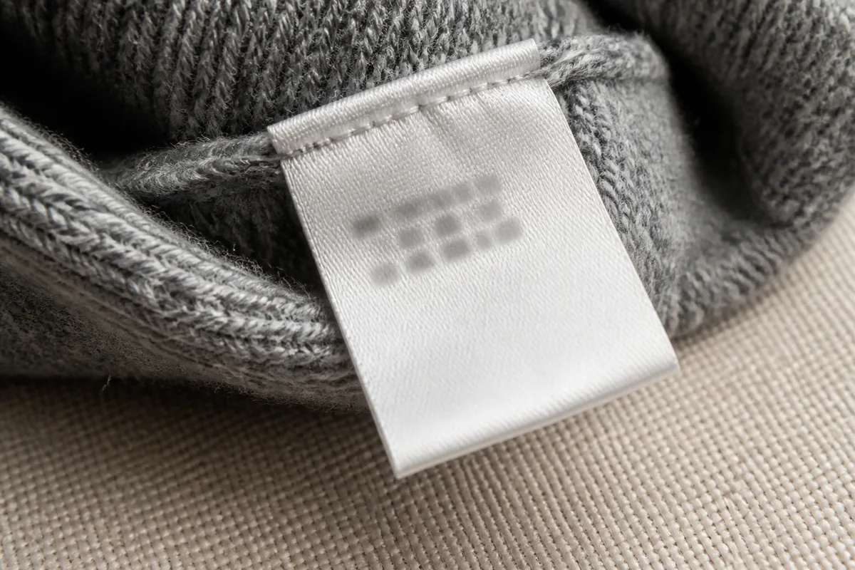 Étiquette de composition cousue à l&rsquo;intérieur d&rsquo;un pull en laine, symboles d&rsquo;entretien visibles