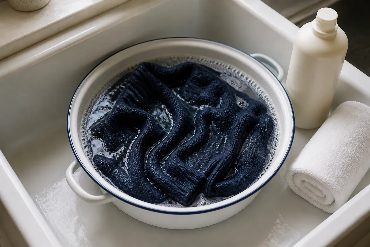 Bassine émaillée remplie d&rsquo;eau savonneuse avec un pull en maille immergé et un flacon de lessive douce